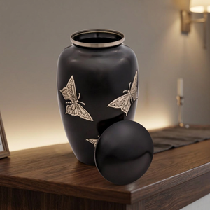 Urna Funeraria de Aluminio Negro con Incrustaciones de Mariposa, Recuerdo Conmemorativo, Ataúd Duradero para Entierro, Artesanía India para Adultos, 200 - Product Image 1