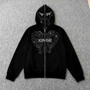 Sudadera con capucha y cremallera completa unisex personalizada 2025 con pedrería, estilo urbano, estampado gráfico de calavera con pedrería, sudadera oversize de corte holgado - Product Image 1