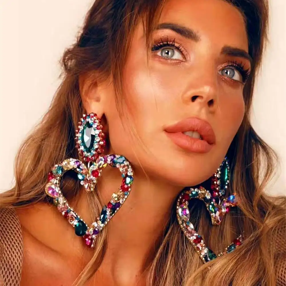 New Fashion Jewelry Women Girls Rhinestone Exaggelated Large Drop Geometric Earrings Statement Dangle Heart Earrings