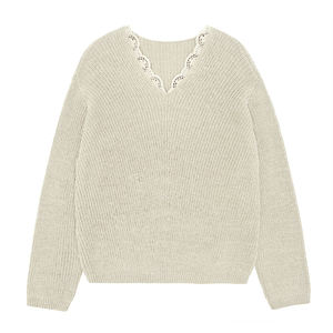 <span class=keywords><strong>Pull</strong></span> en dentelle de couleur unie personnalisé <span class=keywords><strong>femme</strong></span> nouveau automne col en V à manches longues chandails en tricot - Product Image 3