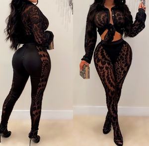 Viviblook Z1121ST05 Nouvelle tenue pour femmes, ensemble pantalon deux pièces, chemise en maille imprimée transparente, pantalon, ensemble grande taille - Product Image 1