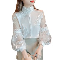6380 #   Chemisier en Chiffon à Manches Lanterne Style Doux pour Femme, Broderie Florale, Blouse Blanche avec Empiècements en Maille, Haut Pur