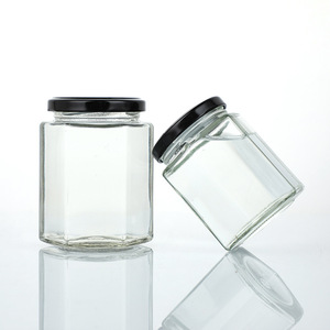 Rỗng rõ ràng thủy tinh hình lục giác thực phẩm lưu trữ container thủy tinh mật ong lọ với kim loại màu đen có nắp đậy - Product Image 2