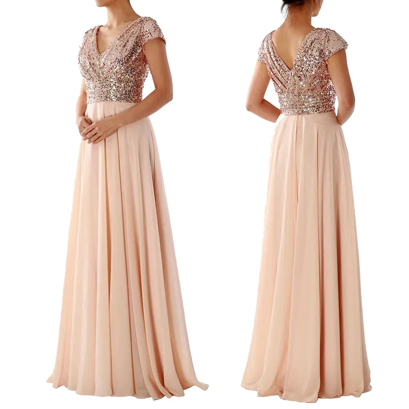 Custom Modest Evening Gowns Sequin Chiffon Sleeveless Prom Dress Elegant Bridesmaid Dresses
