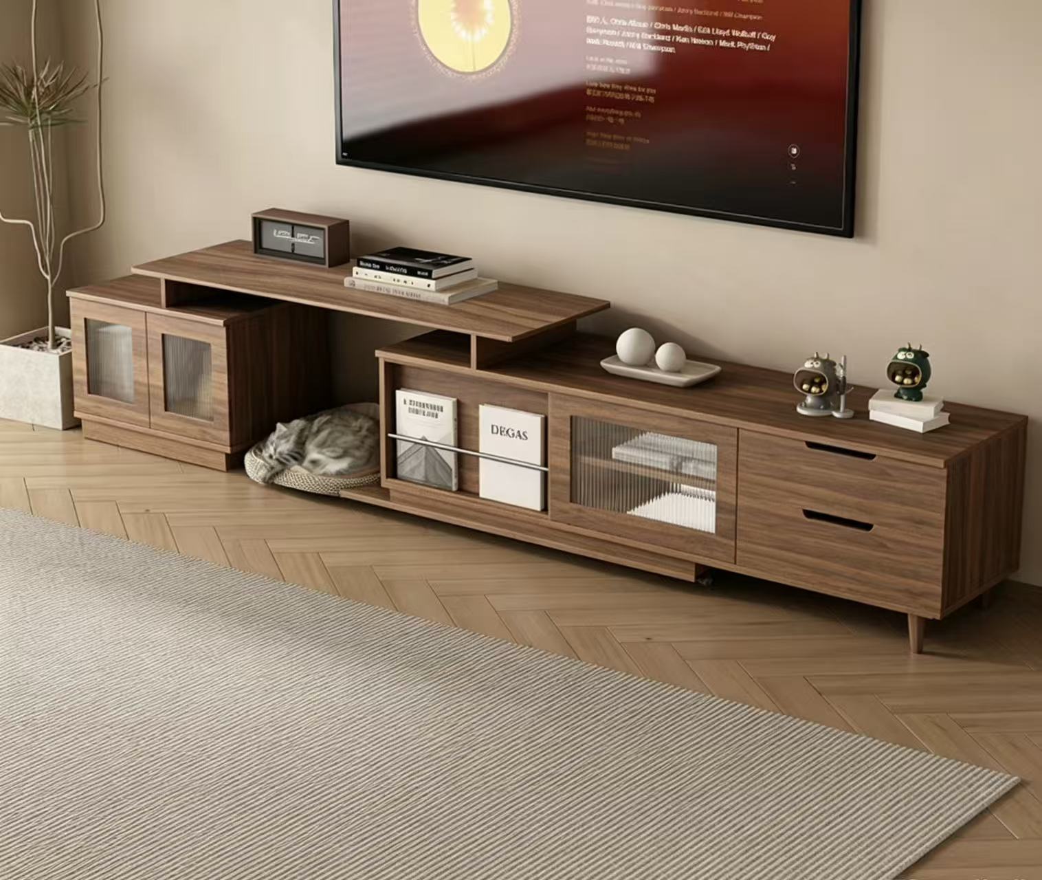 Mueble de TV Extensible, Tablero de Nogal
