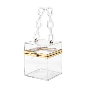 Transparent clear acrylic square box ladies clutch bags with resin short handle gold metal chain strap