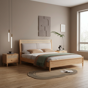 Modern Minimalist Solid Wood <b>Storage</b> Platform <b>Bed</b> <b>Queen</b> Size <b>with</b> Soft Upholstered Headboard and Matching Nightstand Set - Product Image 3