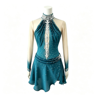 Costume de patinage artistique bleu sarcelle, col halter, dos en V profond, robe ornée de strass, manches longues en maille pour filles et adultes, performance sur glace