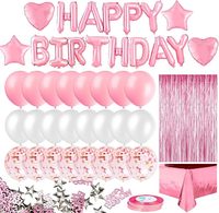 Décoration de fête d'anniversaire rose, ensemble de ballons en feuille, bannière, rideaux à franges or rose, nappe en Mylar brillante, confettis, table à manger