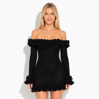 Robe Courte Chic et Tendance en Acrylique Noire à Volants et Pointelle, Manches Longues, Épaules Dénudées, Respirante, Personnalisable (OEM & ODM) pour Femme – Idéale pour l'Été