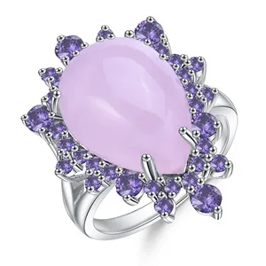 W0797 Abiding Natural Pink Chalcedony Gemstone Cocktail Ring 925 Sterling Silver Elegant Classic Rings for Women Fine Jewelry