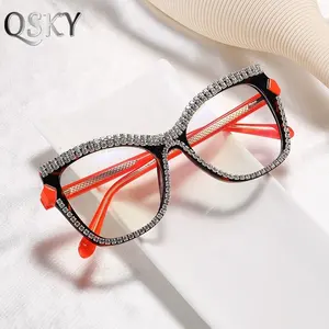 Bingkai kacamata wanita keluaran baru 2024 dengan berlian anti-biru kaca desainer optik anticahaya biru kaca baca untuk wanita
