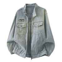 Veste en jean délavée vintage pour homme, col montant zippé, effet usé, streetwear ample brodé, veste décontractée
