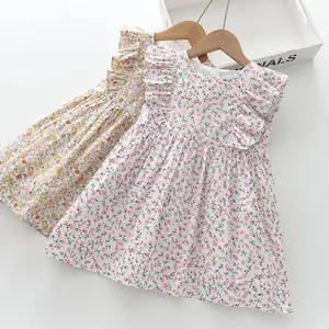 2024 Spring Summer New Arrival Boutique Kids Dress 100%Cotton Floral Print Ruffle Sleeve Girls Dress