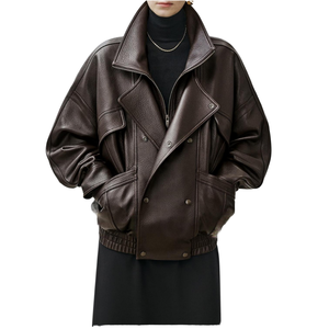 Women's Genuine <b>Leather</b> Bomber <b>Jacket</b> Stand Collar Full Sleeve Zipper Closure Solid Color Autumn Wear - Product Image 3