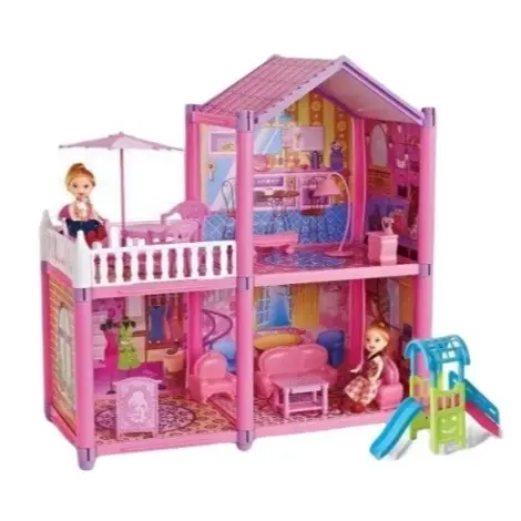डिय असेंबली 2 फ्लोर विला प्लास्टिक के गर्म घर में गुड़िया स्लाइड फर्नीचर बच्चों के लिए खिलौने