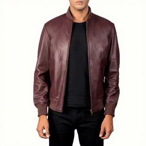 <b>Mens</b> Real Maroon <b>Leather</b> Bomber <b>Jacket</b> Ribbed Collar Zip Side Pockets Sheepskin Burgundy Flight Coat Custom Brown Winter Outwear - Product Image 1