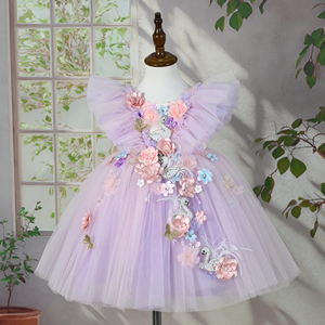 Piccola gonna floreale con maniche volanti gonna abito viola da principessa per bambina con paillettes con perla cigno <span class=keywords><strong>farfalla</strong></span> abito da ragazza fiore - Product Image 3