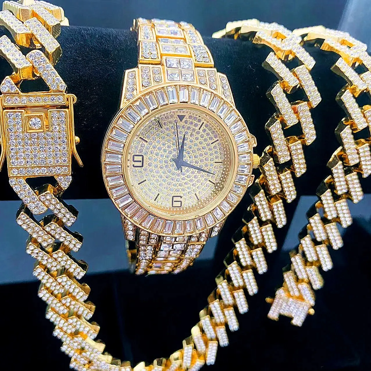 3 teile/satz Hip Hop Diamant Uhr Halskette Armband Schmuck Set für Männer Frauen Bling Gold Silber Diamant Iced Out Box kubanische Kette