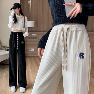 Pantalones anchos <span class=keywords><strong>de</strong></span> chenilla acrílica <span class=keywords><strong>de</strong></span> cintura alta con cordón, rectos y largos, para mujer, nueva colección otoño-invierno 2026 (Foto real) - Product Image 1