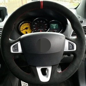 Housse de volant de voiture en cuir véritable noir et daim pour Renault <span class=keywords><strong>Megane</strong></span> 2008-2016 Fluence (ZE) 2010-2016 Kangoo 2014-2019 - Product Image 2