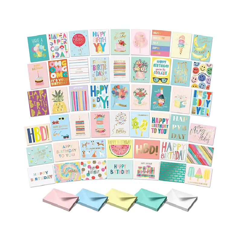 Variedad surtido personalizado Feliz cumpleaños tarjetas de felicitación a granel con sobres para venta al por mayor