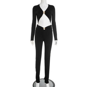 Nouvel ensemble deux pièces sexy pour <span class=keywords><strong>femme</strong></span> 2026 : haut à manches longues orné de métal et pantalon taille haute <span class=keywords><strong>moulant</strong></span> - Product Image 6