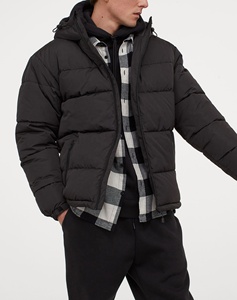 Custom Logo <b>Men's</b> Hooded Puffer Jacket Solid <b>Black</b> Windproof Polyester Winter Casual Zipper Closure Thick Quilted Regular Fit - Product Image 1