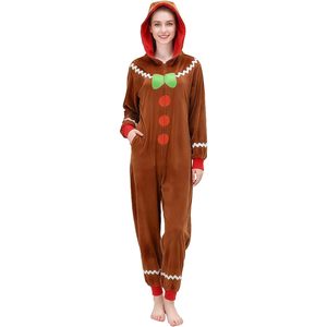 Gingerbread Zipper Onesie <b>Fleece</b> Hooded <b>Pajamas</b> For Women <b>Christmas</b> Holiday Sleepwear Cozy Soft Long Sleeve - Product Image 1