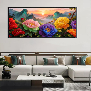 Kit de Peinture Diamant 5D DIY Grande Taille LS CUSTOM, Motif Lever de Soleil et Fleur de <span class=keywords><strong>Pivoine</strong></span>, Rondes en Résine, Points AB Scintillants sur <span class=keywords><strong>Toile</strong></span> - Product Image 1