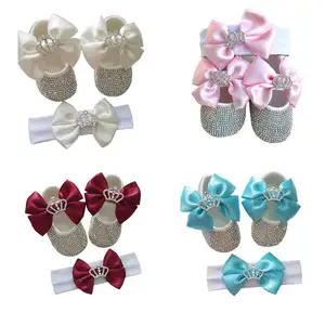 Casual shoes baby crystal decorate luxury cute girl princess shoe and headband with crown children's soft sole toddler shoes