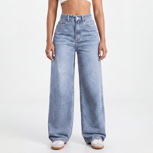 Jeans de Cintura Alta, Talla Grande, Corte Ancho y Holgado para Mujer, <span class=keywords><strong>Pantalones</strong></span> de Mezclilla Elástica, MOQ Bajo, Listos para Enviar, Plazo de Entrega de 15 Días - Product Image 1