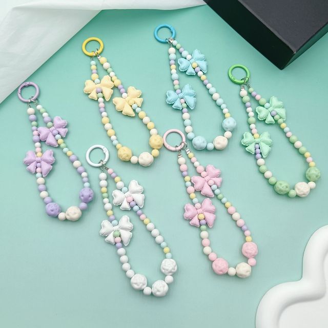 Pastel Beaded Phone Charm With Bow and Rose Beads Cute Wrist Strap for Women Girls Bag or Phone Accessory Gift
