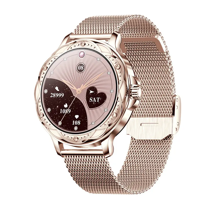 Montre intelligente de forme ronde pour femmes de haute qualité pour iPhone Android avec bracelet de montre en maille inoxydable