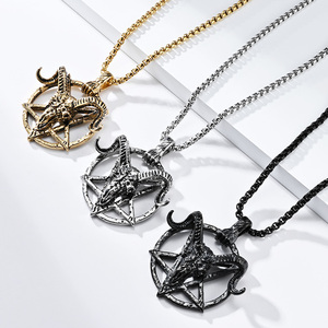 Collier Pendentif Pentagramme Chèvre <span class=keywords><strong>Satanique</strong></span> Vintage pour Homme en Acier Inoxydable, Style Gothique Urbain Hip Hop, Chaîne de Pull Quotidienne, Bijou Cadeau - Product Image 5