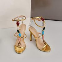 Sandales à talons hauts dorés pour femmes, style gladiateur, à lanières ornées de bijoux, bout ouvert et bride cheville, pour femmes et dames