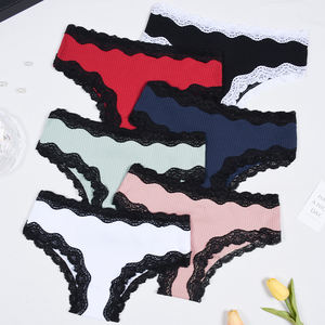 Bragas <span class=keywords><strong>de</strong></span> Bikini acanaladas <span class=keywords><strong>de</strong></span> algodón para mujer, elegantes, <span class=keywords><strong>de</strong></span> 6 piezas, con ribete <span class=keywords><strong>de</strong></span> <span class=keywords><strong>encaje</strong></span> en contraste, bragas <span class=keywords><strong>de</strong></span> algodón <span class=keywords><strong>de</strong></span> alta calidad para mujer, tangas - Product Image 1