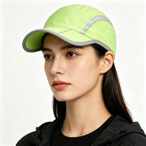 Lime Green Reflective Trim 100% Polyester 5-Panel Running Cap Quick Dry Ultra Lightweight Breathable UV Protection Night Safety - Product Image 1