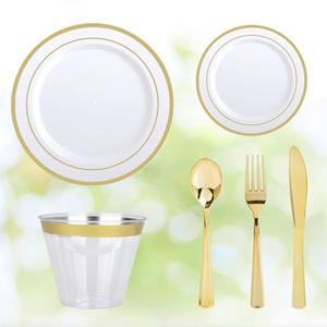 Ensemble de vaisselle jetable haut de gamme 150 pièces avec bord doré, assiettes blanches robustes, couverts et gobelets dorés pour mariage et événements en gros - Product Image 2