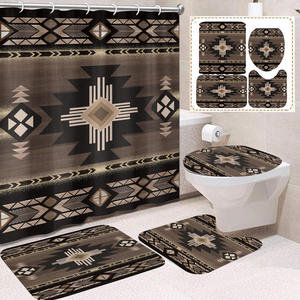 Ensemble de rideaux de douche géométriques modernes avec tapis de bain et couvercle de toilette, en polyester, impression numérique, antidérapant, accessoires de salle de bain - Product Image 3