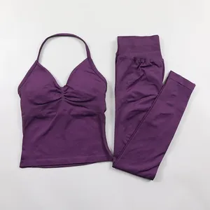 Conjunto de Yoga sin costuras para mujer, mallas de impacto, mallas para gimnasio, camiseta sin mangas acolchada, trajes de entrenamiento, <span class=keywords><strong>ropa</strong></span> deportiva sólida XS fruncida - Product Image 3