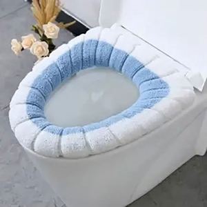 Juego de tapete y funda para asiento de inodoro de doble color, de una sola pieza, accesorios de baño, decoración del hogar, tejido en forma de O, mantiene el calor - Product Image 1