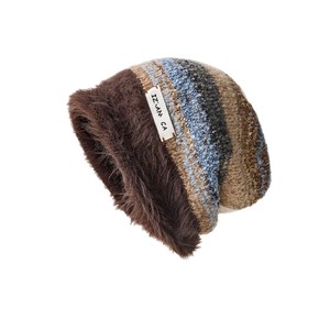 Women's Autumn Winter Beanie Coffee <b>Brown</b> Color Blocking Warm Windproof Foldable <b>Wool</b> Hat For Maternity Fashion Style - Product Image 2