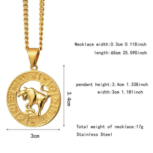 Collier vintage en acier inoxydable plaqué or, bijoux avec pendentif creux représentant les 12 signes du zodiaque - Product Image 3