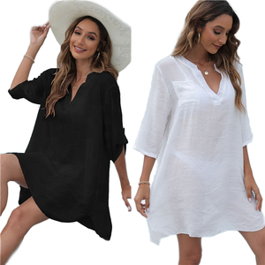 Vestido Playero de Verano para Mujer, Cuello en V, Manga 3/4, Corte Holgado, Transpirable, Superventas - Product Image 1