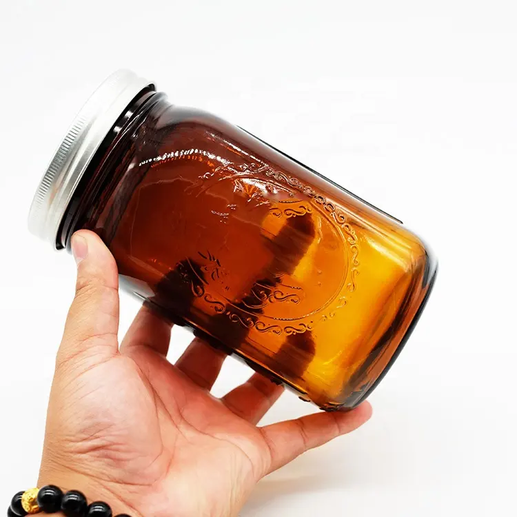 32oz Regular Amber Round Glass Mason Jars Bottles with Screw Metal lids Food Storage Amber Mason Jar with Scale in Bulk