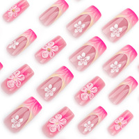 Ongles à Pression Faux en Gros pour Manucure Française Fleur 3D Tendance Tiktok, Ongles Artificiels 24 Lots