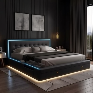 Индивидуальная светодиодная полноплатформенная кровать размера «Queen-Size» мягкая двухъярусная кровать каркас мебели для спальни набор со светодиодным освещением для хранения ткани - Product Image 2