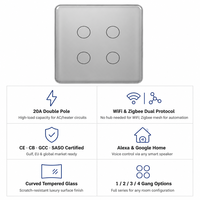 Interrupteur intelligent WiFi Zigbee 4 gangues, panneau en verre incurvé, 20A, double pôle, norme EU/UK, interrupteur mural tactile, compatible Alexa, Google Home, Tuya