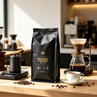 Sacs à café durables personnalisés imprimés, de qualité alimentaire, résistants à l'humidité, noirs, à haute barrière, en aluminium, à fond plat, avec fermeture éclair